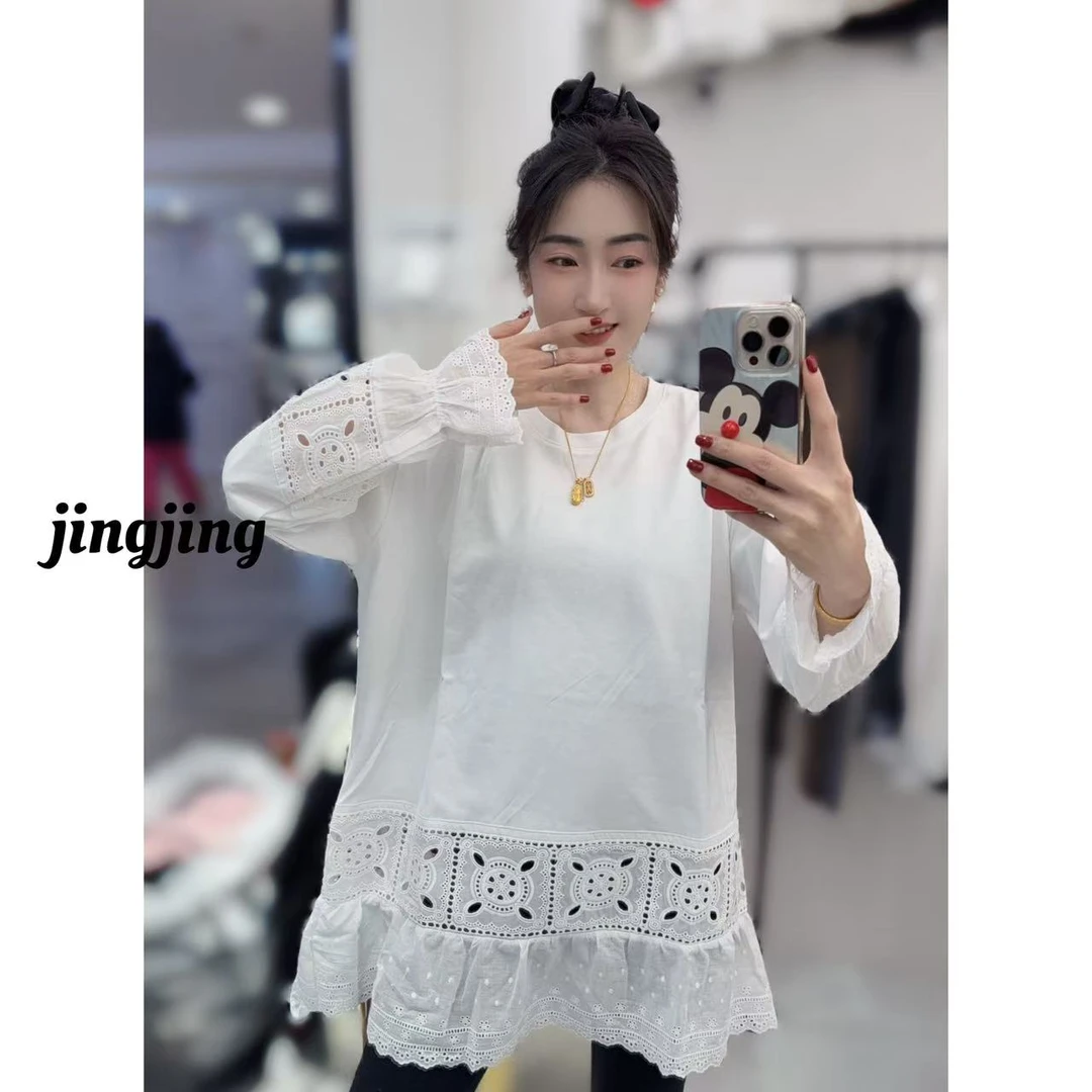 早春新款休闲百搭花袖蕾丝边T恤（9099）