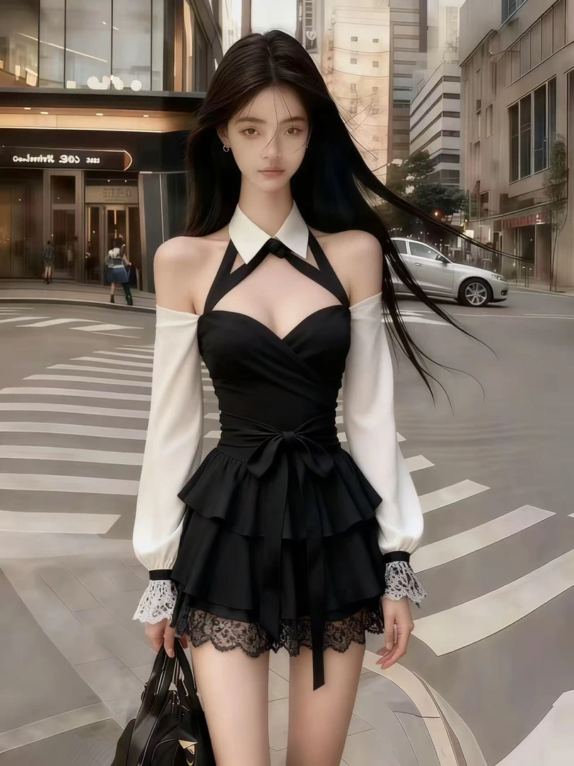 秋季新款时尚千金风黑白撞色设计感露肩挂脖收腰系带蕾丝边连衣裙