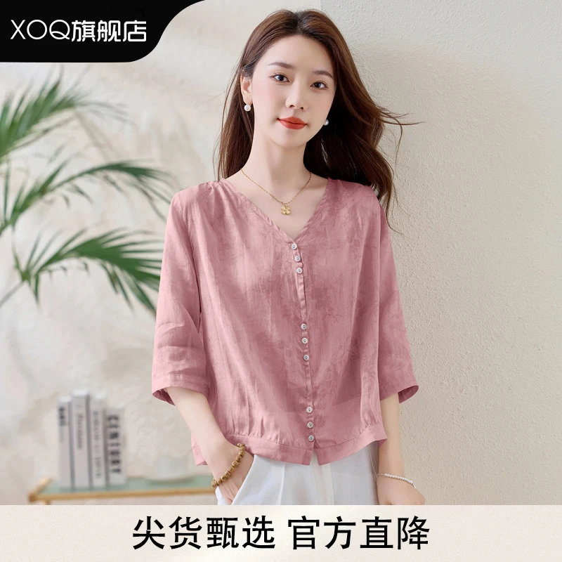 XOQ官方高端五分袖衬衫女2025夏季新款宽松洋气减龄印花小衫上衣
