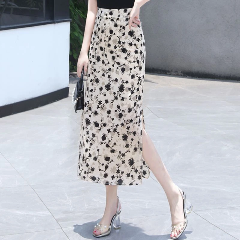 碎花半身裙女2025夏时尚薄款高腰中长款遮跨开叉长裙显瘦高档裙子