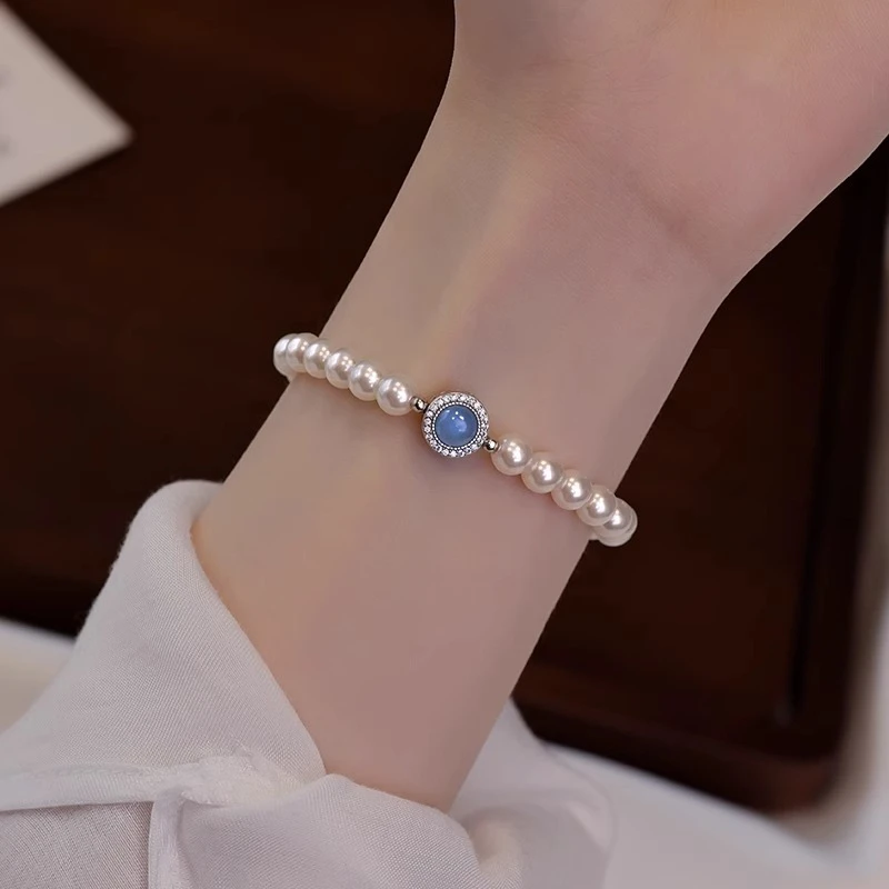 纯银施家珍珠海蓝宝手链女款古风手饰2025年新款手串