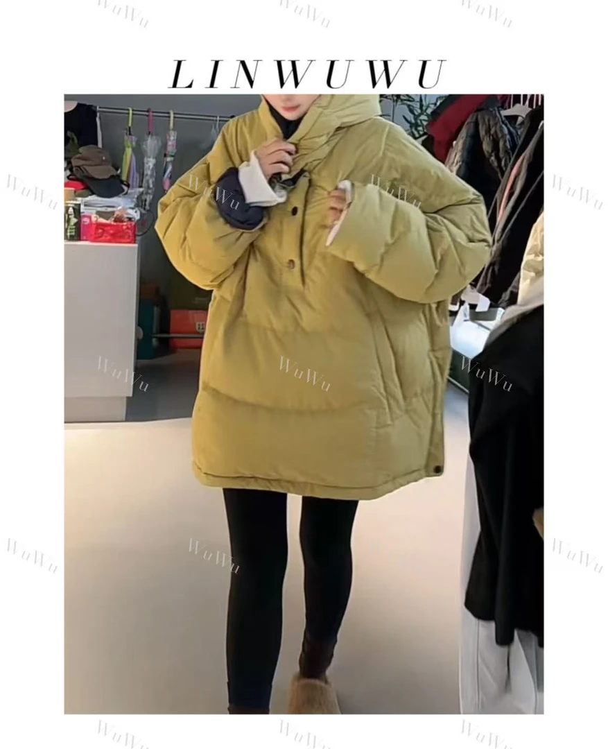 【林五五定制】2025冬季时尚拼色连帽套头双插口袋宽松羽绒服56120
