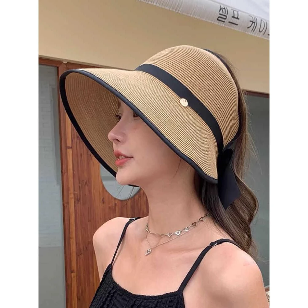 2025夏季新款出游度假遮阳帽大帽檐草编帽子女款百搭蝴蝶结空顶帽