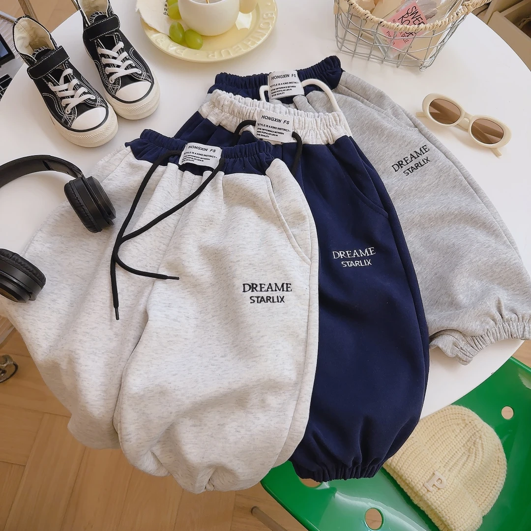 【高品质现货】新款儿童中大童百搭拼色刺绣字母休闲百搭卫裤