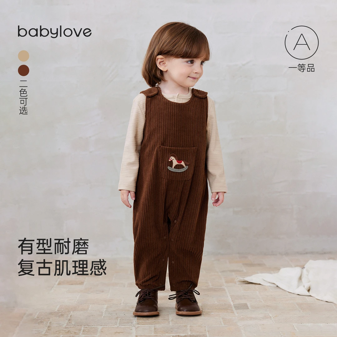 babylove婴童背带裤肌理感灯芯绒秋季长裤复古文艺宝宝外出休闲裤