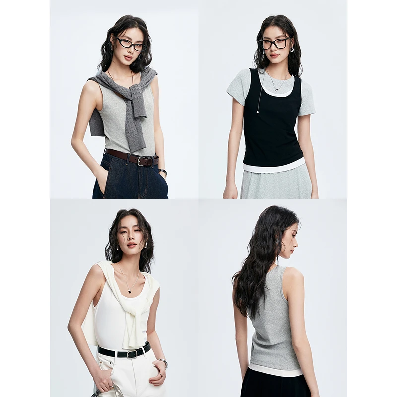 【初棉】DRDB黑白假两件撞色背心基础多色打底背心修身362603002