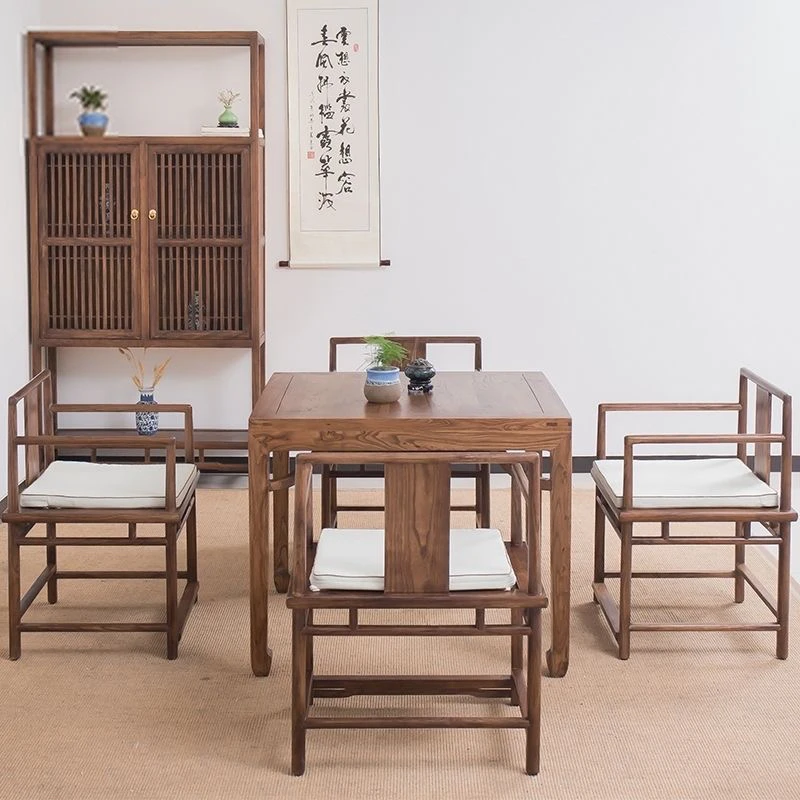 新中式老榆木八仙桌棋牌四方桌胡桃色饭桌茶桌实木方桌餐桌椅组合