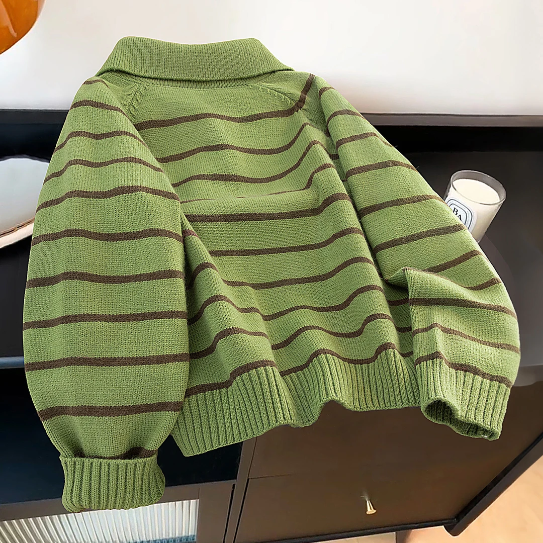 丝柏舍2025秋装新款女装宽松款条纹翻领撞色长袖毛衣S53X7952M
