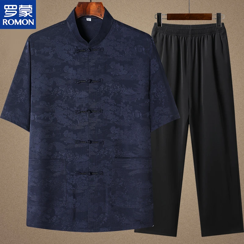 罗蒙父亲节爷爷夏装短袖衬衫中老年人男夏季爸爸装中国风衣服套装