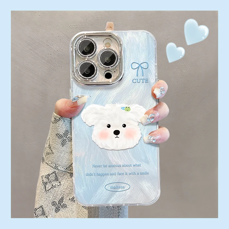 粉蓝小狗适用苹果15vivo华为oppo小米iPhone16精孔羽纱纹手机壳