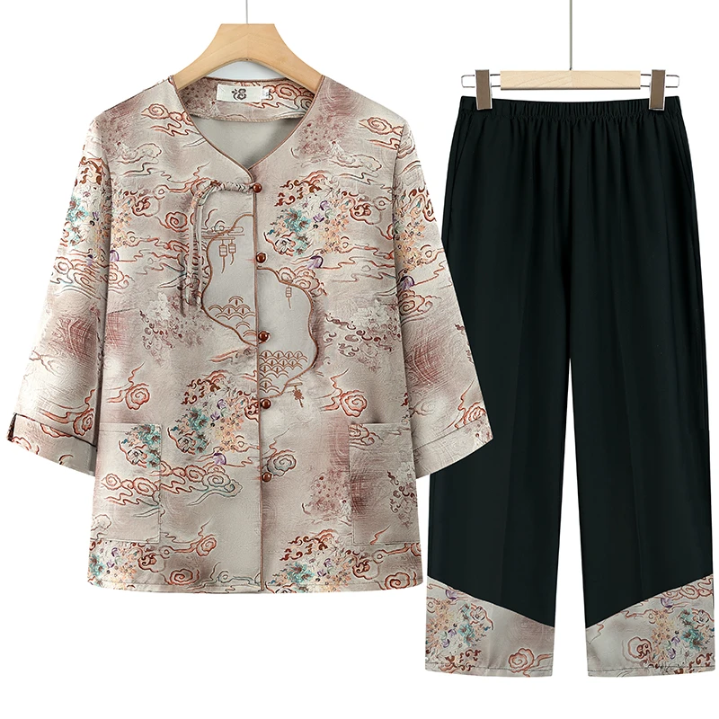 中老年女装夏季新款国风套装大码妈妈装绣花上衣奶奶装薄款两件套