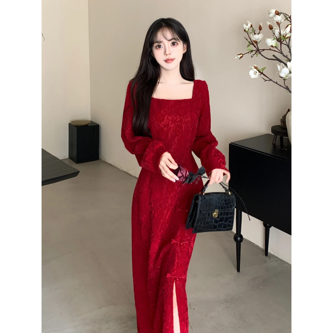 大码敬酒服新娘红色中式订婚礼服连衣裙回门结婚高级感旗袍秋冬季