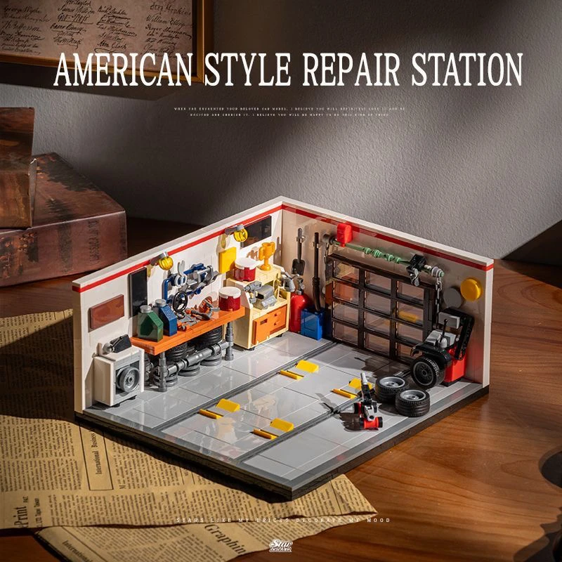 美式八格车修车厂积木街景摆件moc车库套装送男孩益智拼装礼物