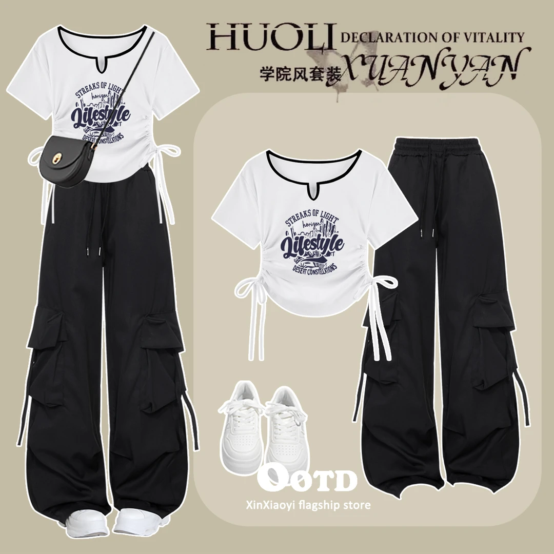 中大童休闲潮酷套装夏装时尚10-15岁初中学生女高腰工装裤两件套