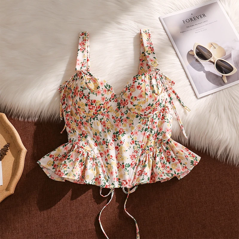 法式碎花鱼骨吊带背心女夏季外穿带胸垫性感辣妹绑带收腰抹胸上衣