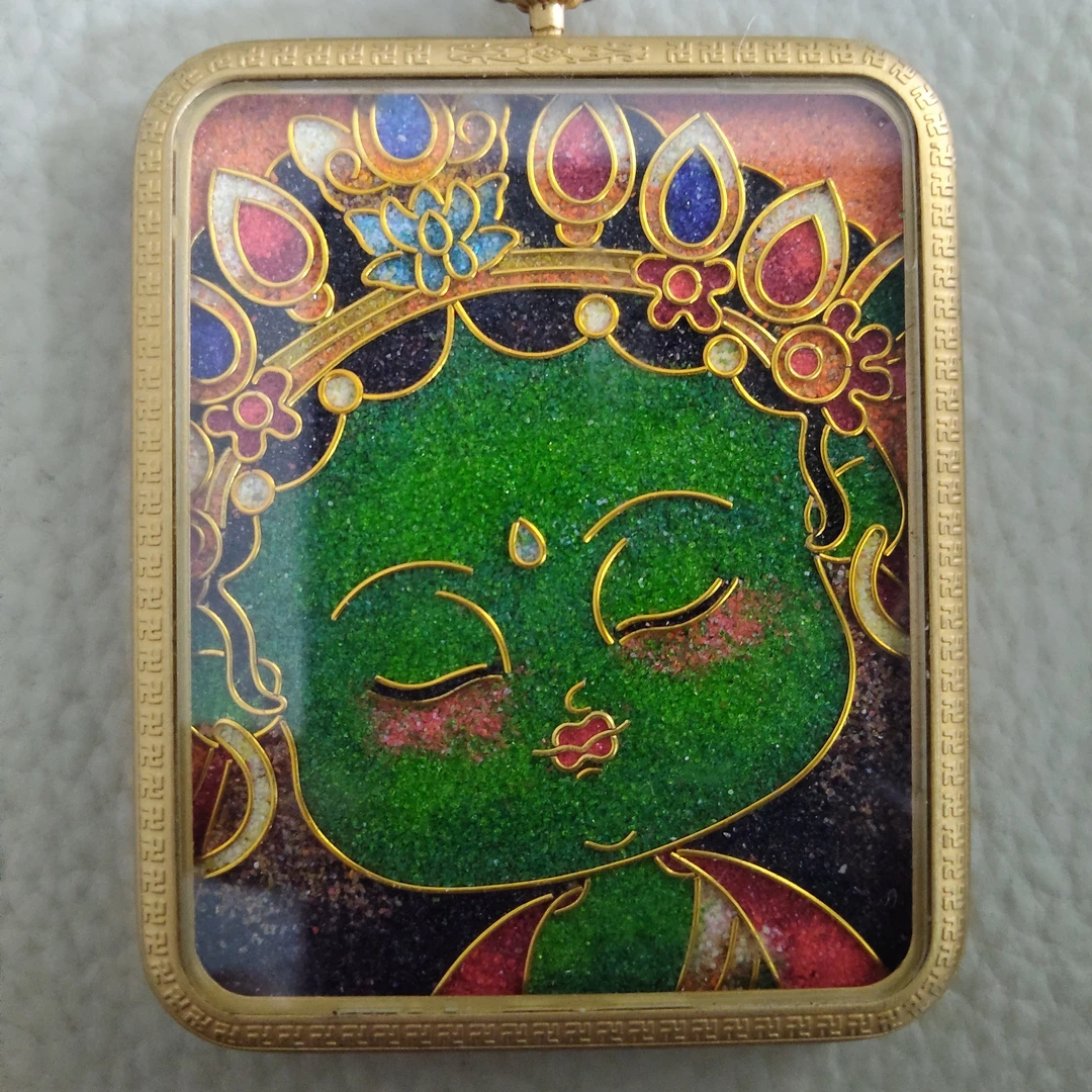 手工掐丝工艺矿物质填充绿度母Q版唐卡