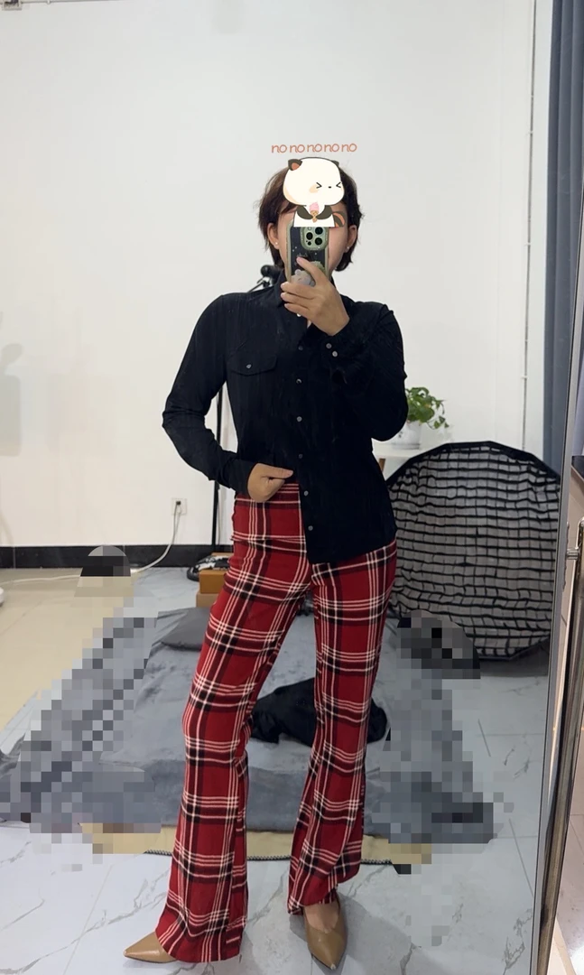 K56583春季新品外贸四色拼接格纹弹力大长腿微喇叭长裤