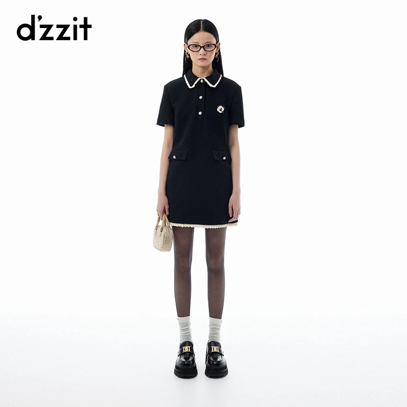 【专属】dzzit地素连衣裙小香风翻领花边撞色胸针装饰短袖小黑裙