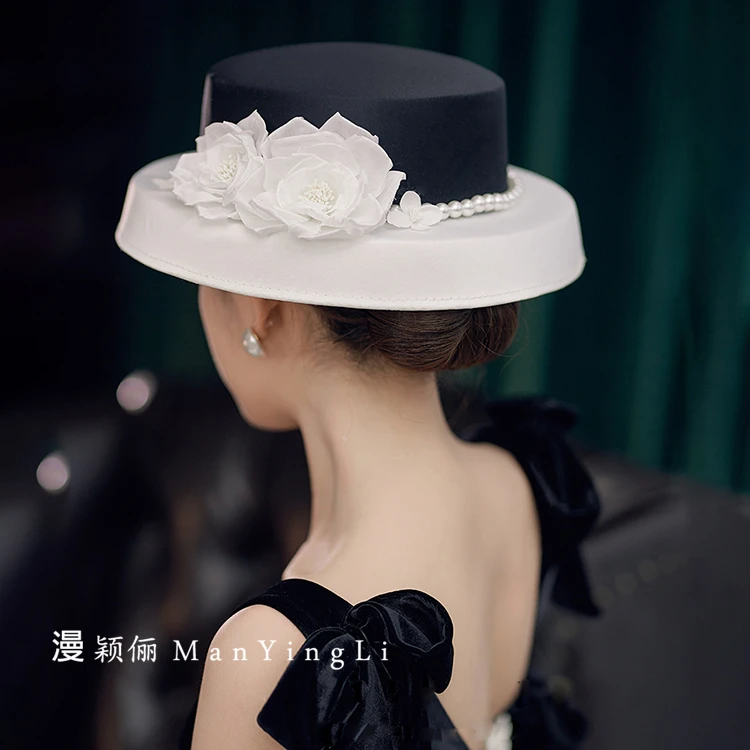 黑色法式珍珠环烫花礼帽复古优雅婚纱拍照帽饰时尚洋气赫本风帽子