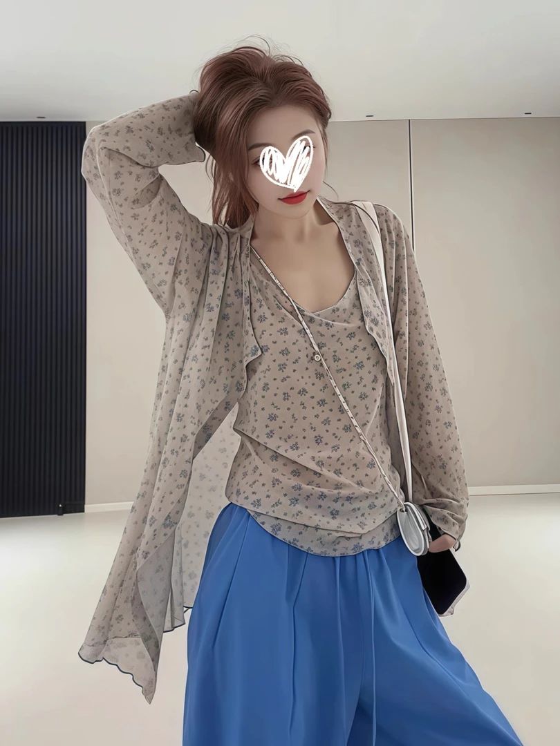 设计感碎花显瘦防晒开衫+背心两件套
