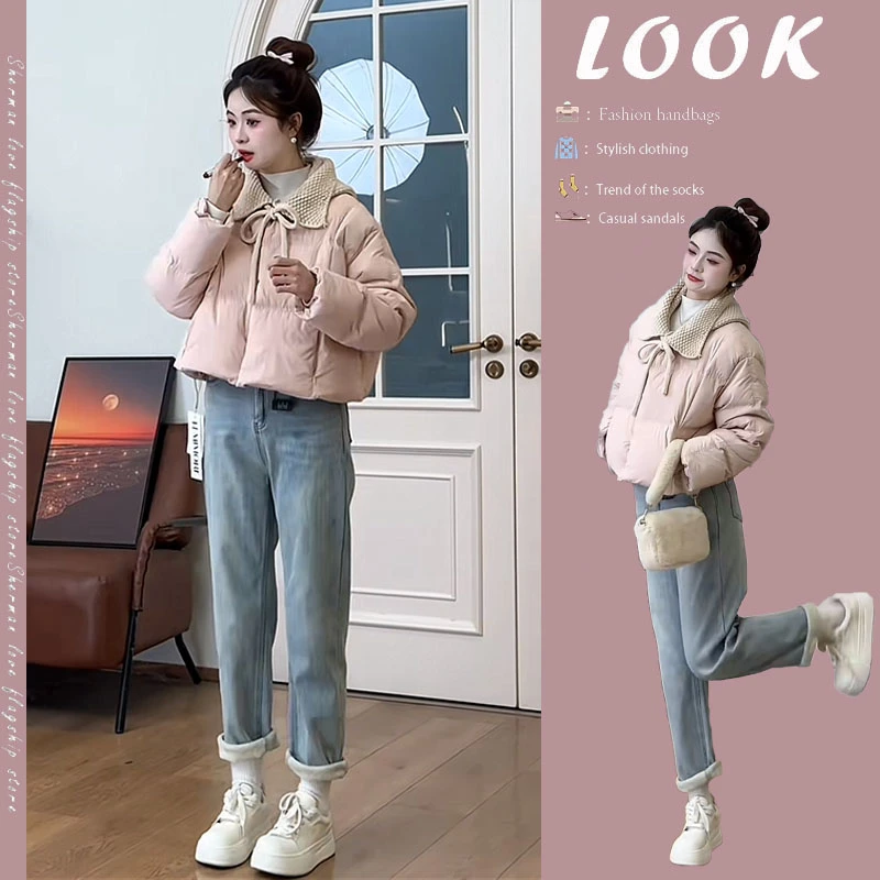 冬季时尚穿搭一整套女2025新款针织连帽棉服外套高腰牛仔裤两件套