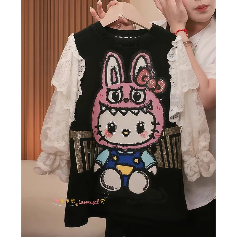 女童早秋拉布布蕾丝打底衫卫衣2025春秋款亮片拼接花边中长款上衣