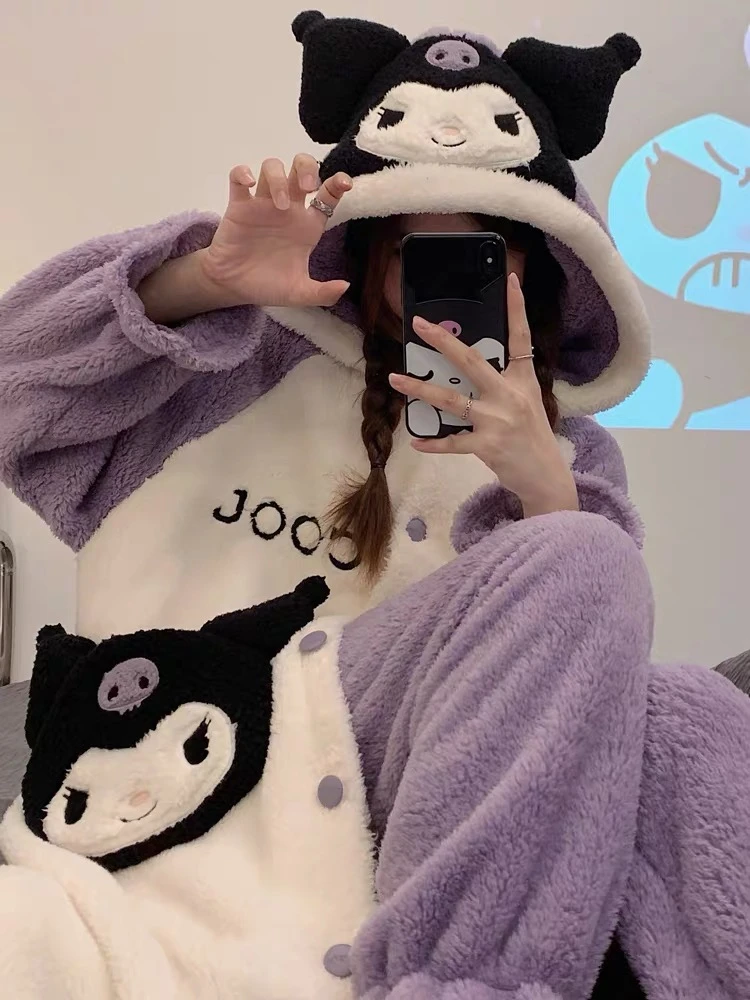 库洛米睡衣女春秋冬季加厚珊瑚绒2024年新款法兰绒家居服睡袍套装