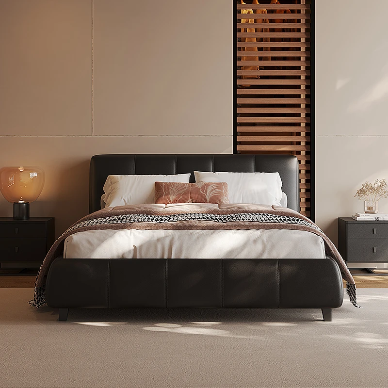 意式复古风黑色真皮床现代简约主卧室双人床设计师高档线条皮艺床