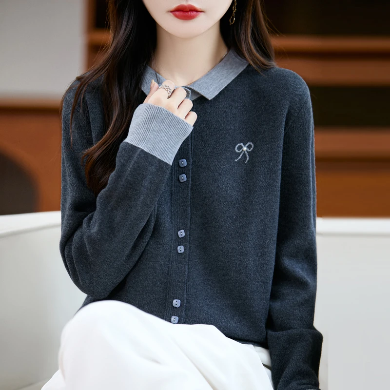 宽松上衣开衫刺绣女精纺羊毛针织开衫假两件款长袖洋气秋冬翻领