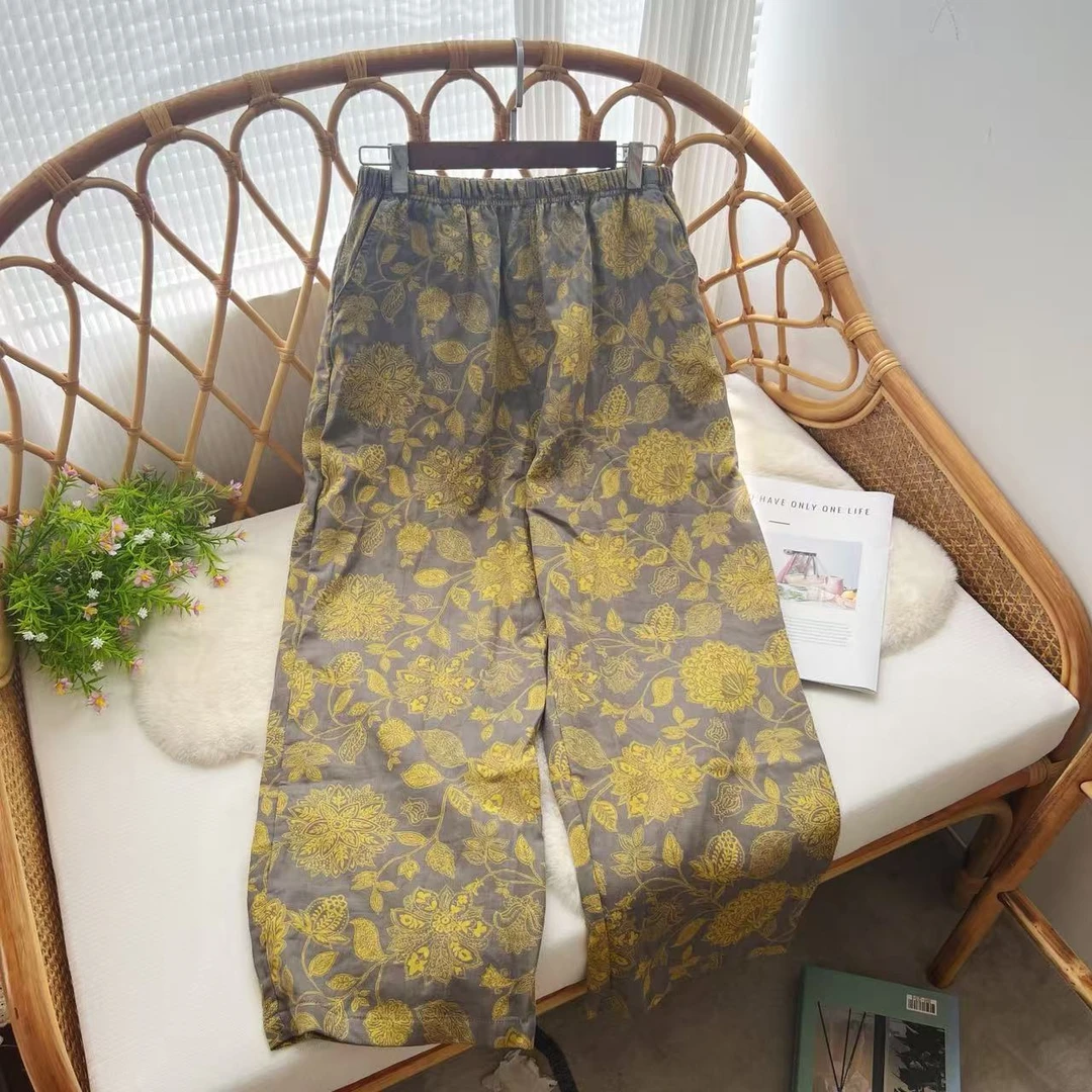 新款全棉双层纱色织提花家居裤空调裤睡裤遛弯休闲长裤！