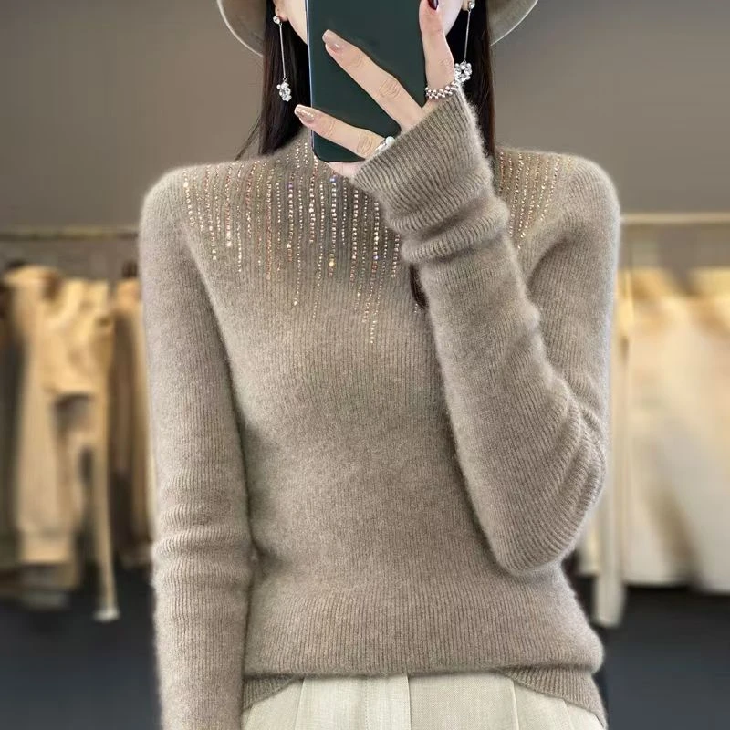 镶钻抽条半高修身女款打底衫毛衣百搭时尚N-377