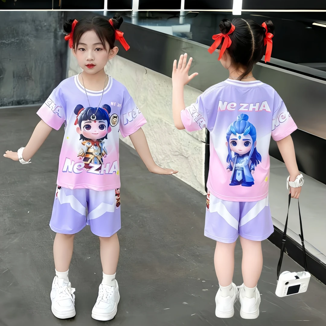 女童夏季哪吒套装短袖2025速干衣服新款儿童卡通薄款夏装两件套