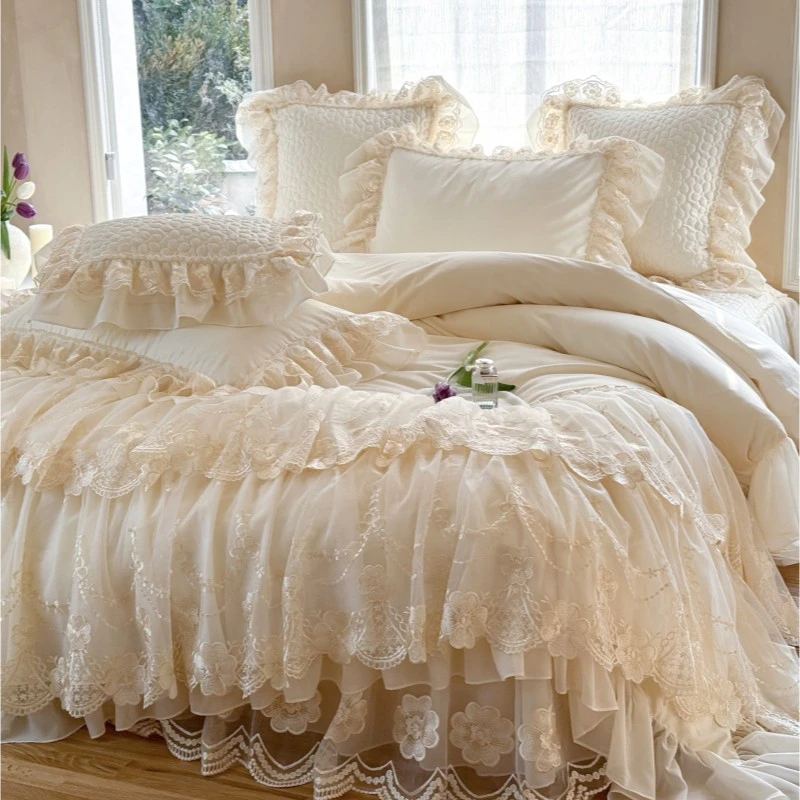 法式高级感全棉长绒棉床盖四件套公主风蕾丝花边被套棉床上用品