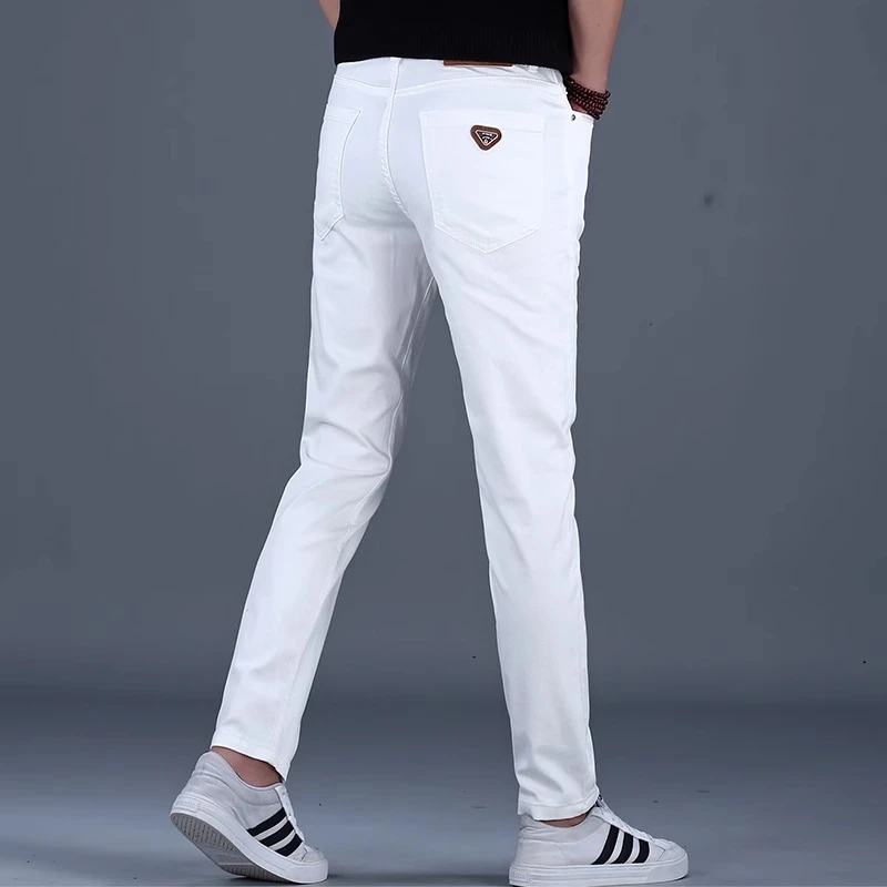 Cebrodz夏季新款白色牛仔裤男时尚简约气质百搭小脚裤休闲直筒裤