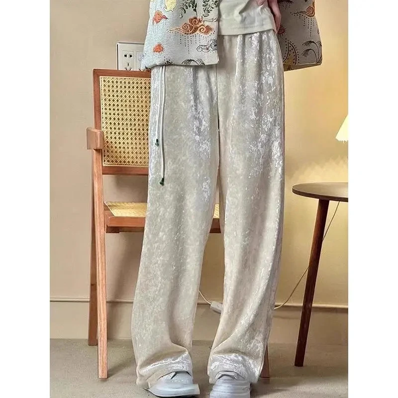 新中式加绒直筒裤子女2025秋冬新款国风网红白色显瘦休闲阔腿裤子