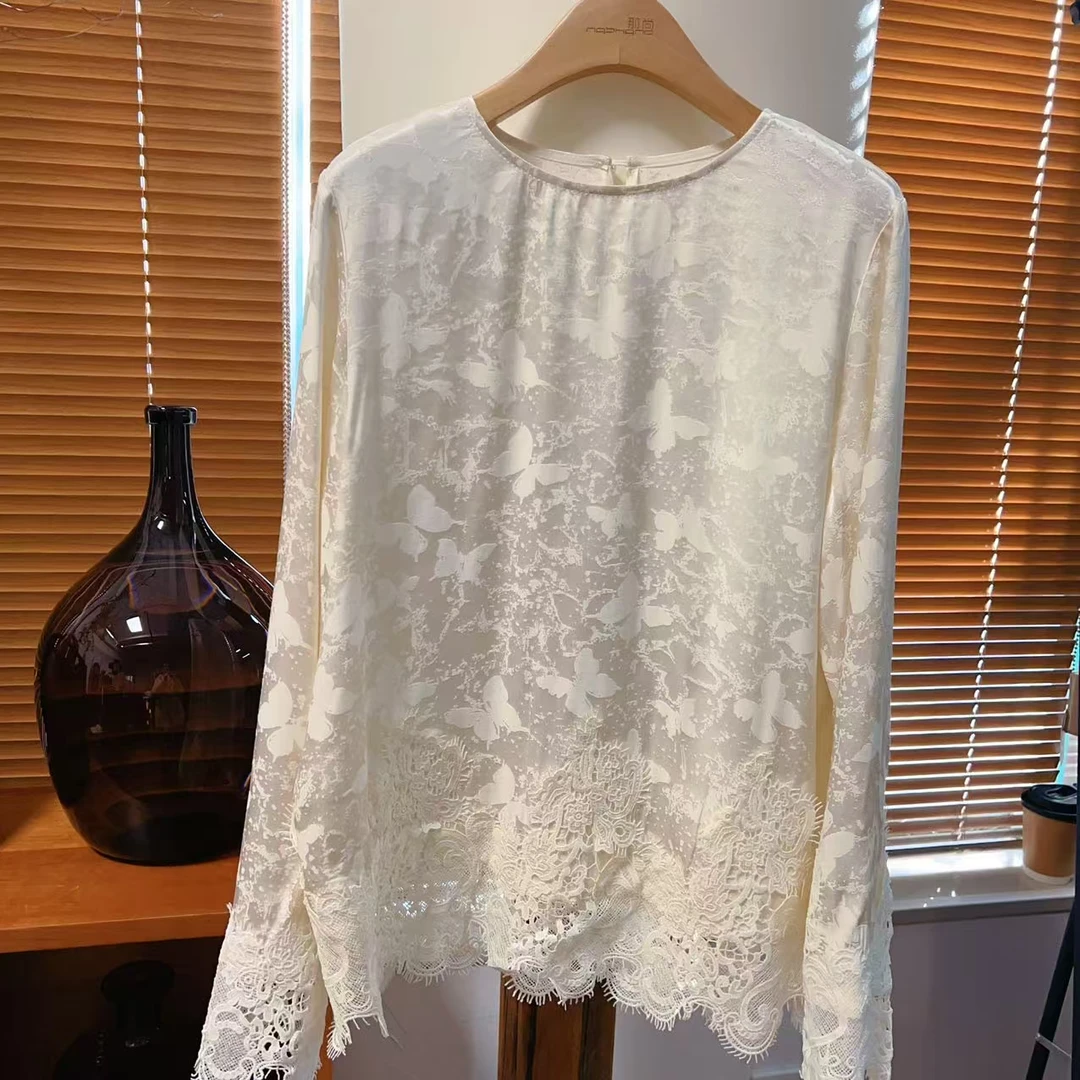 【那尚新品】暗花提绣拼钩花蕾丝新中式百搭打底衫