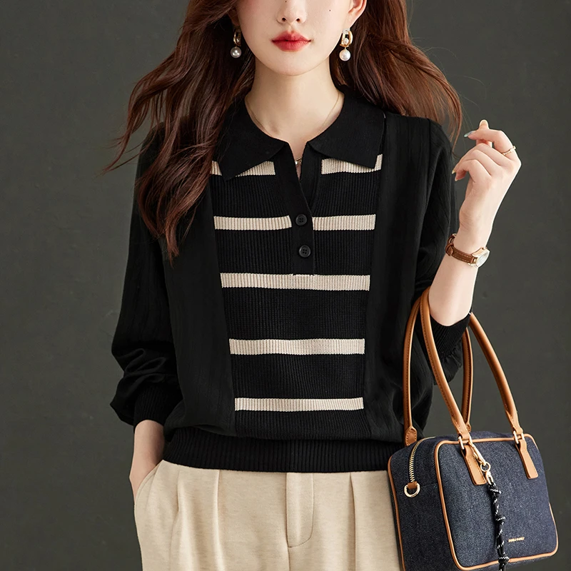 高级感拼接上衣女春秋宽松遮肚子打底衫2025新款气质翻领针织毛衣