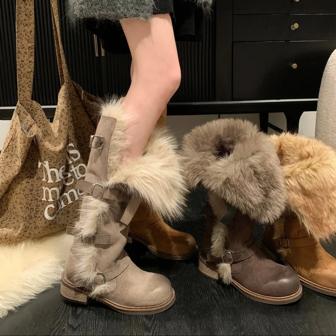 2025年新款女雪地靴女复古两穿中高筒加绒不过膝骑士靴女鞋