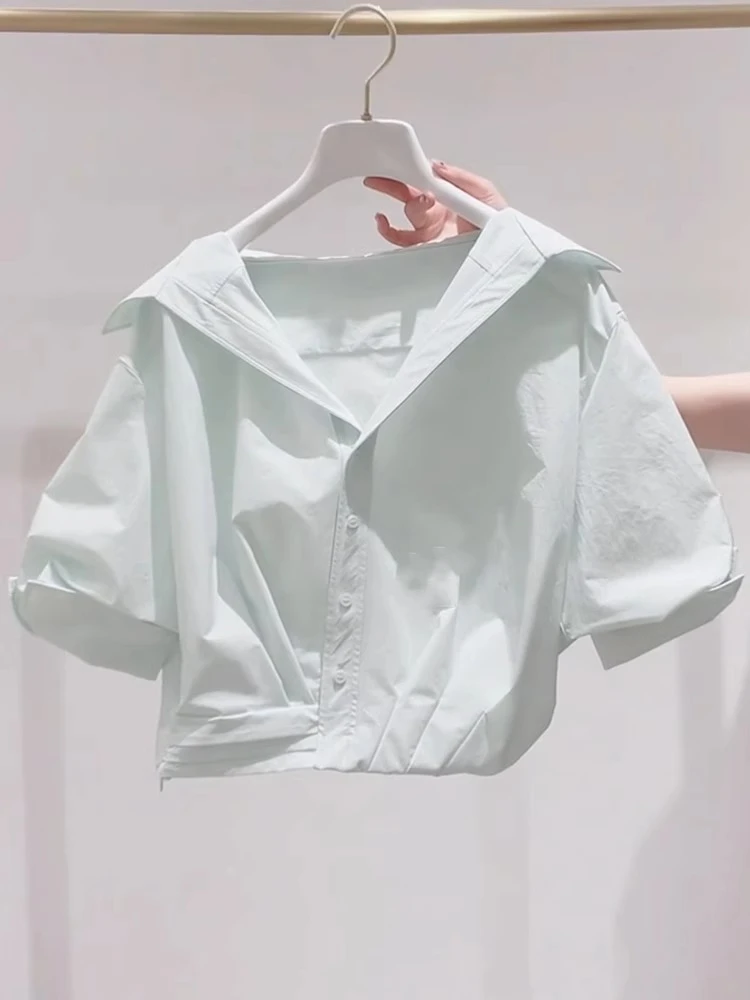 超好看薄荷绿翻领泡泡袖衬衫女2025年夏季新款慵懒风宽松短款上衣
