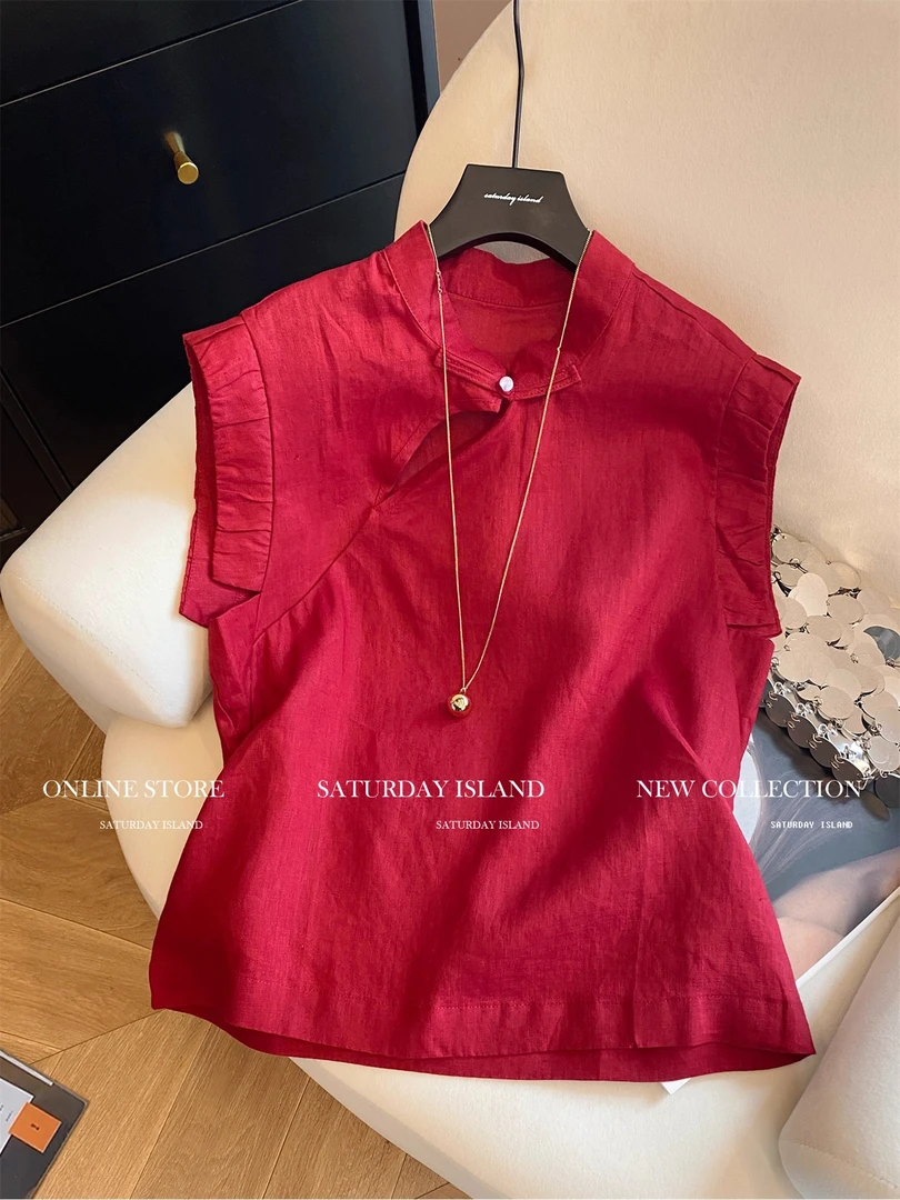 新中式立领无袖盘扣背心小衫女2025夏季新款红色复古气质百搭上衣