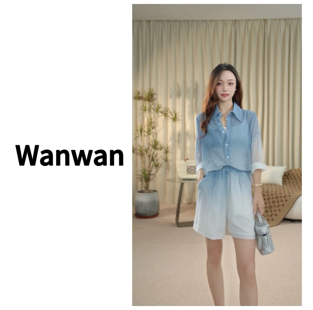 【万姐专属】森系渐变蓝白时尚百搭高级感衬衫短裤休闲套装6613