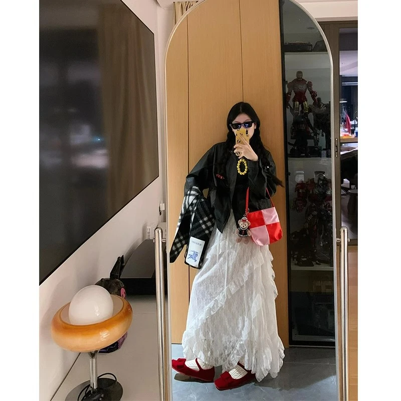 白色斜纹蕾丝半身裙女夏季蓬蓬裙休闲网纱a字长裙复古拼接蛋糕裙