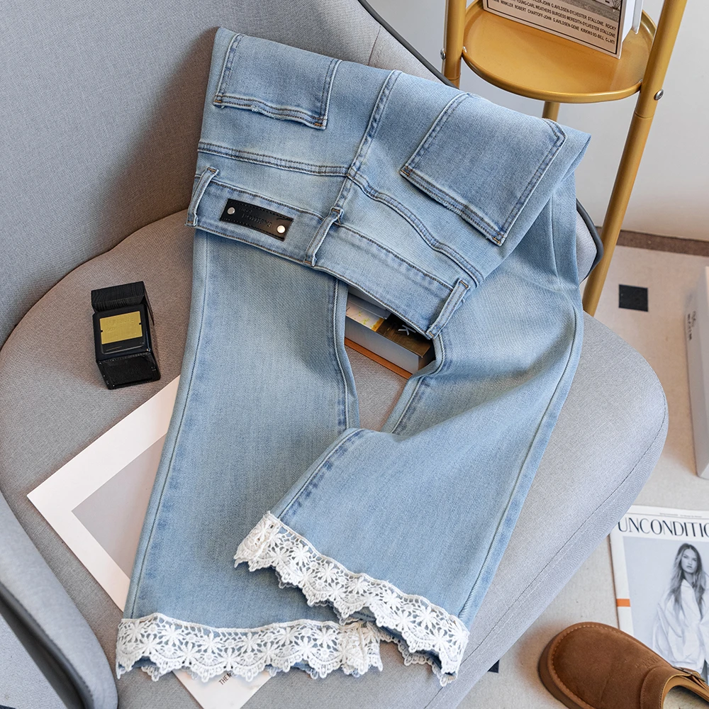 026国风花边微喇牛仔裤女2025春秋修身显瘦喇叭裤直筒高腰牛仔裤