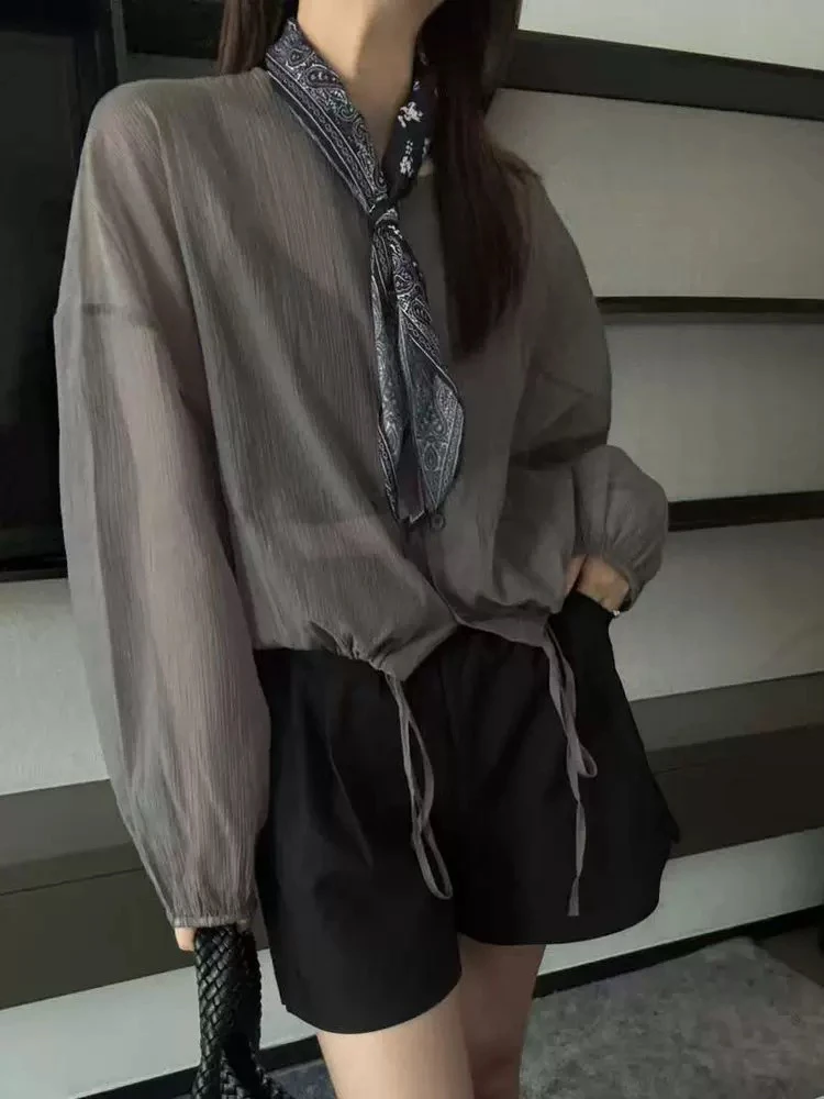 2806韩系设计感薄款抽绳防晒衬衫女夏季宽松百搭