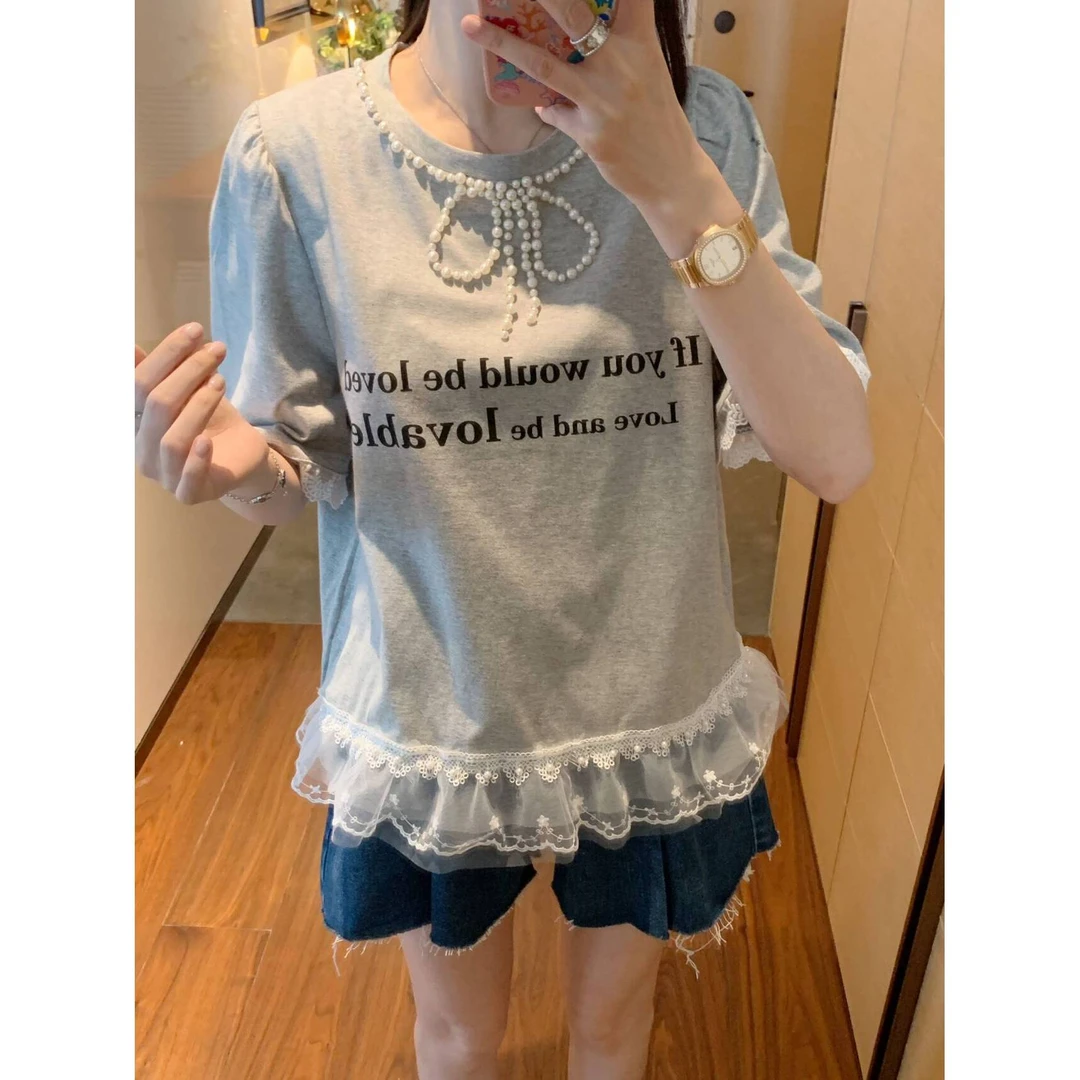 【张静芝】钉珠蝴蝶结领拼蕾丝花边T恤