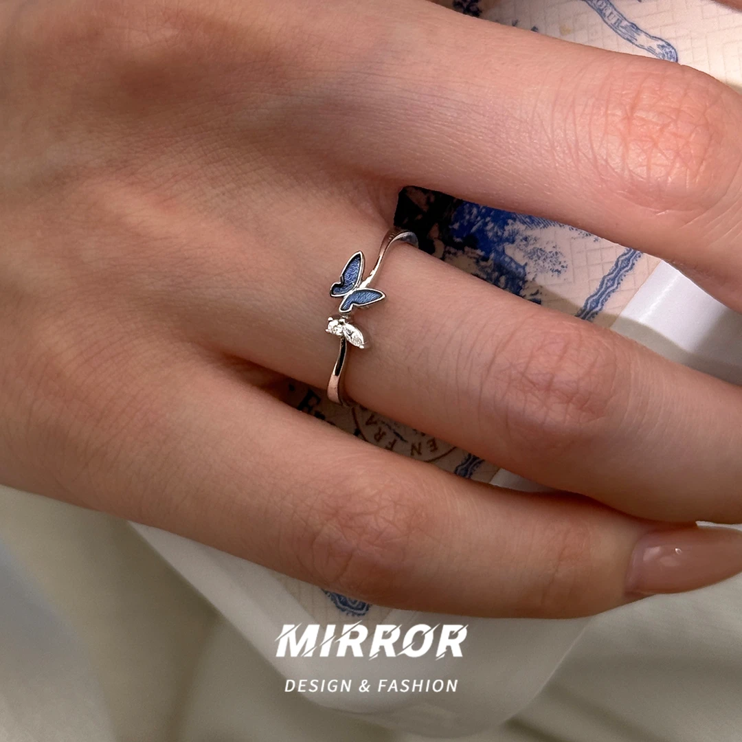 小麋人 足银戒指 CJ3566蓝色蝴蝶叶子戒指女指环简约小众新款潮