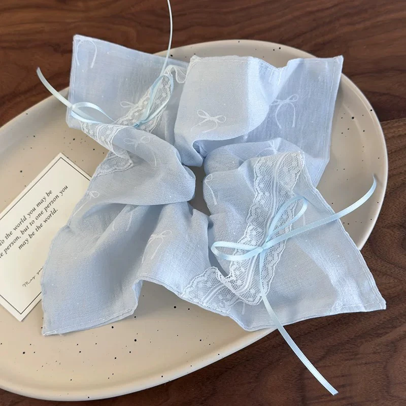 芭蕾风蓝色丝带蝴蝶结蕾丝花边方巾清新超仙田园风少女发饰发圈