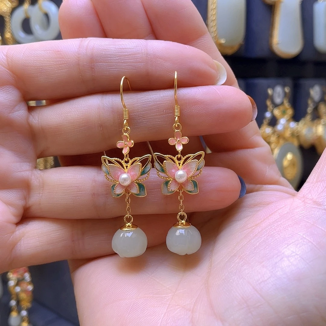 和田玉银S925镀金镶嵌耳饰