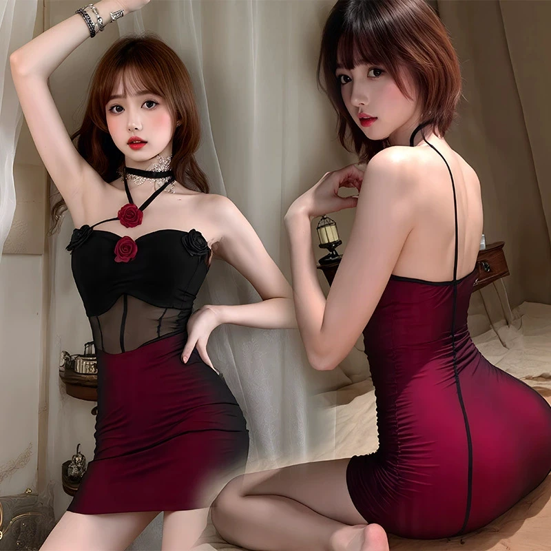 性感内衣女纯欲网纱撞色包臀花朵拼接连衣裙夜店挂脖辣妹美女睡裙