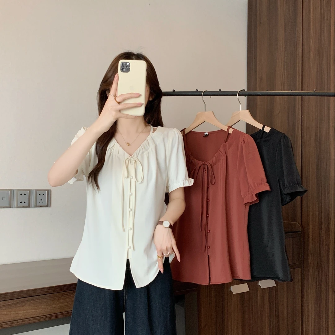 2025夏季新款大码女设计感镂空系带衬衫法式通勤百搭上衣63657